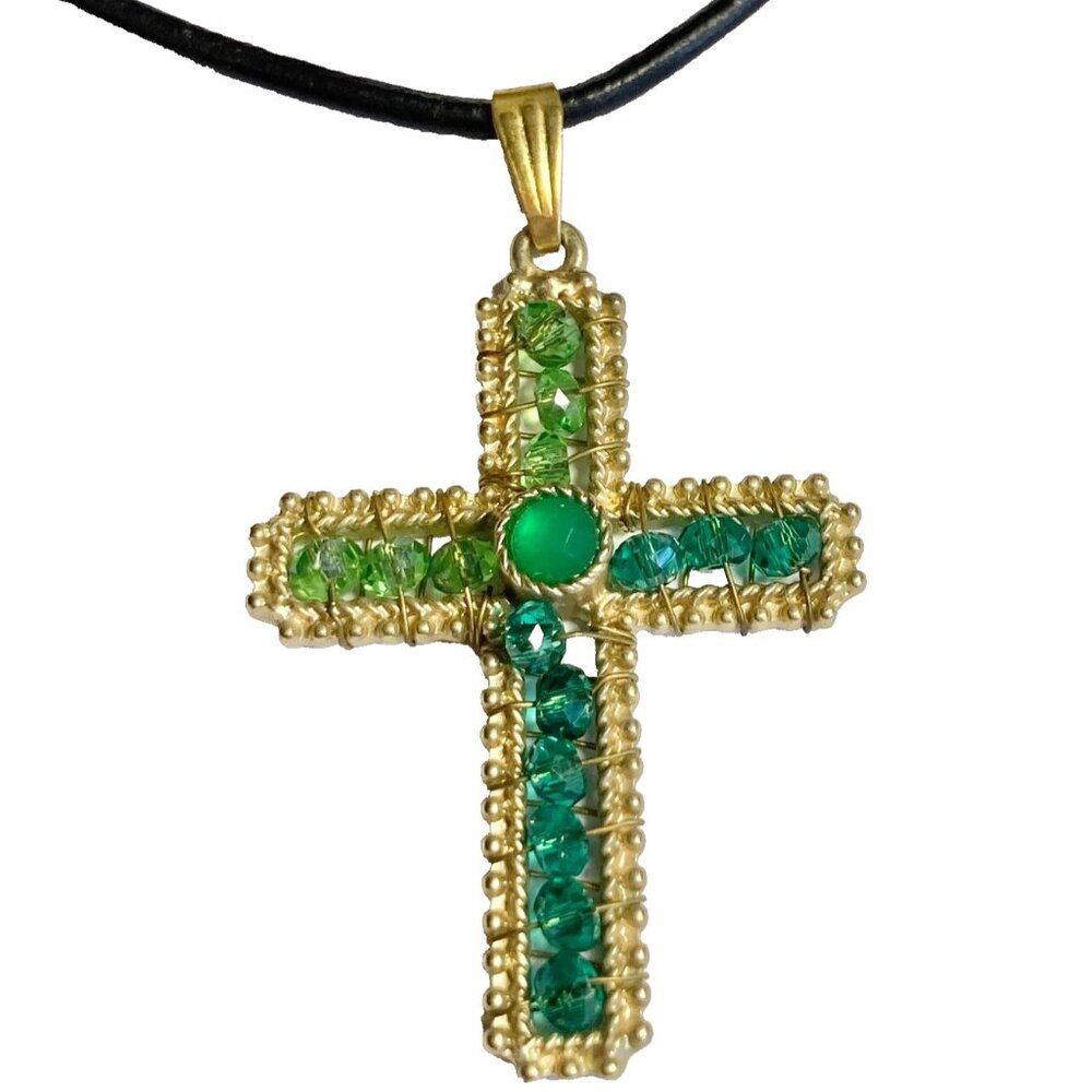 Vintage Gold Bead Cross Pendant Necklace Green Hand Beaded Plated 24" Christian
